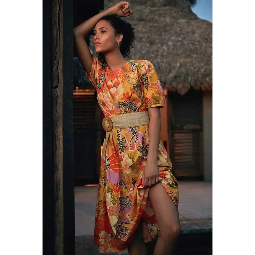 Farm Rio for Anthropologie Maribel Tropical Leopard Floral Midi Dress Orange XS